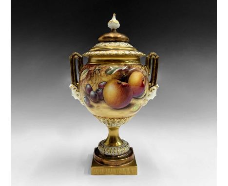 A Royal Worcester fruit painted vase and cover, by Paul English, late 20th century, shape no. 2363, with twin mask mounted ha