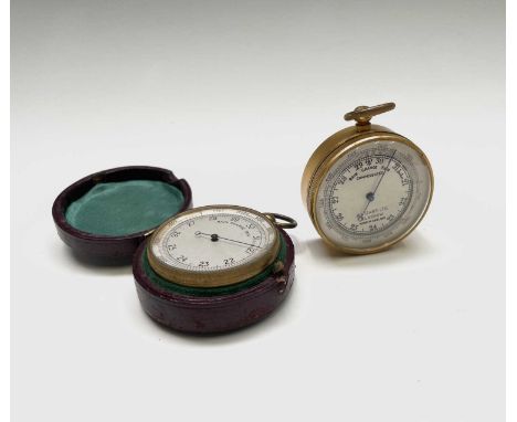 A gilt cased pocket barometer, the silvered dial signed J.Lizars Ltd, Glasgow, diameter 5cm, together with another pocket bar