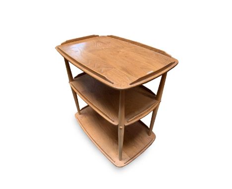 An Ercol light elm three tier trolley, with turned beech supports, on castors, height 77cm, width 72cm, depth 47cm.Condition 