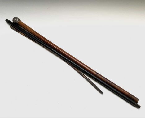 An eastern malacca cane, 19th century, with white metal repousse knop decorated with figures and foliage, length 80cm, togeth