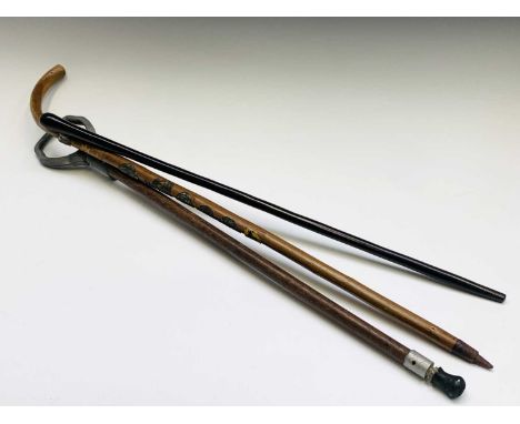 A hardwood walking stick, length 77cm, a souvenir walking stick 'Altdorf', and a shooting stick (3).