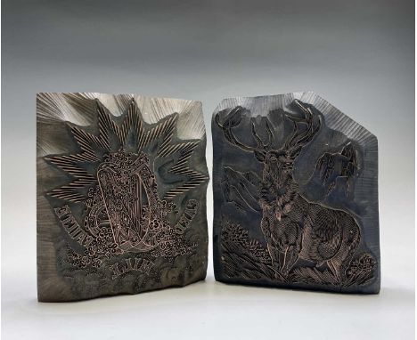 A Burgess &amp; Broad printing block, with harp and inscription 'CAED MILE FAILTE' 26cm x 22cm, together with another printin