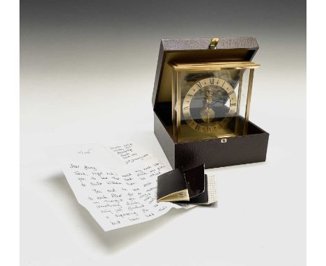 A Jaeger Le Coultre gilt brass skeleton timepiece, second half 20th century, the case with brushed finish, the chapter ring e