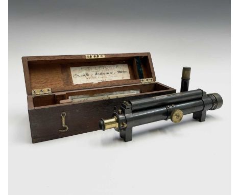 A lacquered brass surveyors level, late 19th century, the mahogany box labelled for J.T.Letcher, Truro, length 30cm.