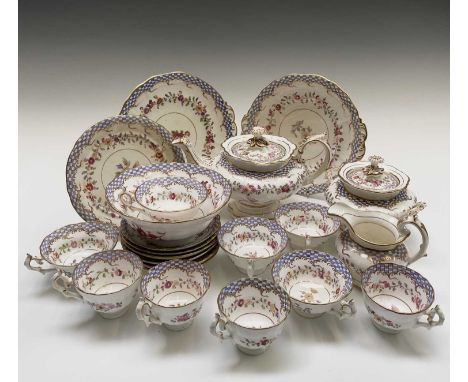 A Victorian tea service with floral decoration, comprising teapot, sucrier, milk jug, five teacups, six saucers, four smaller