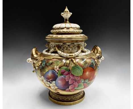 A large Royal Worcester fruit painted vase and cover, signed David Fuller, late 20th century, with applied handles, swags and