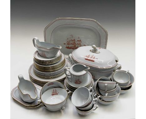 A Spode 'Trade Winds' pattern dinner service, comprising of a meat platter, tureen and cover, eight soup coupes, two sauceboa