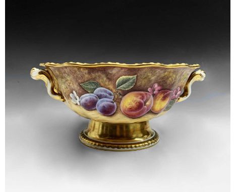 A Royal Worcester fruit painted pedestal fruit bowl, signed E.Clark, with applied twin handles and gadrooned borders, painted