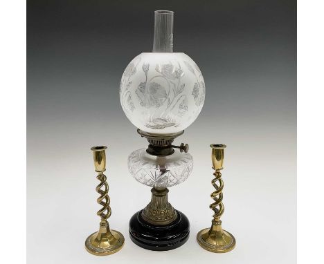 A late Victorian cut glass and brass oil lamp, with etched glass shade and fitted a Hink's No2 burner, height 53cm, together 
