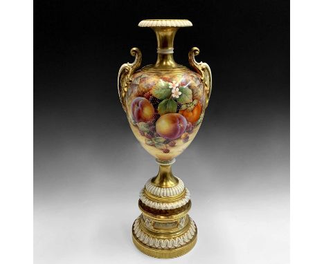 A good large Worcester fruit painted pedestal vase, signed David Fuller, late 20th century, painted with typical fruit on a m