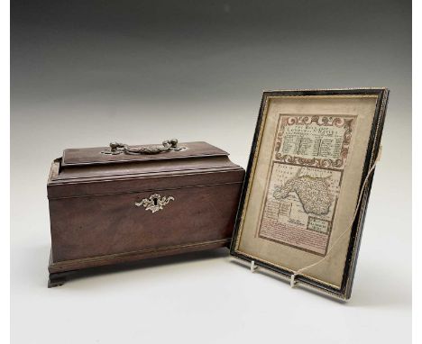 An early George III mahogany caddy, with white metal escutcheon, on bracket feet, later fitted with trays to the interior, wi