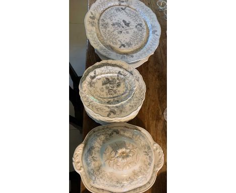 A Chamberlains Worcester part dinner service, circa 1840, printed in grey with flowers and coral, 155 New Bond Street mark, c