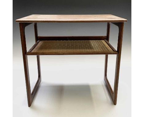 A Danish Silkeborg nest of three occasional tables, the smallest with rattan lower shelf and applied maker's label, height 48