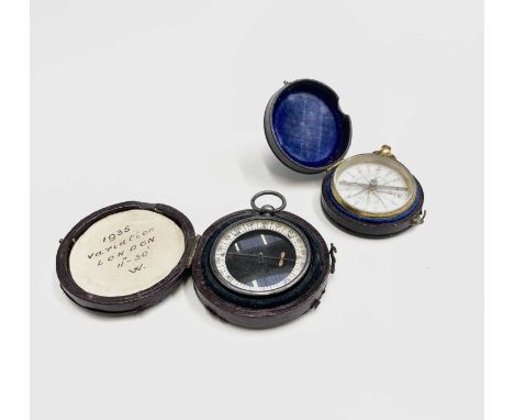 A Negretti &amp; Zambra gilt cased pocket compass, circa 1880, with white enamel dial in Morrocco leather case, diameter 4.3c