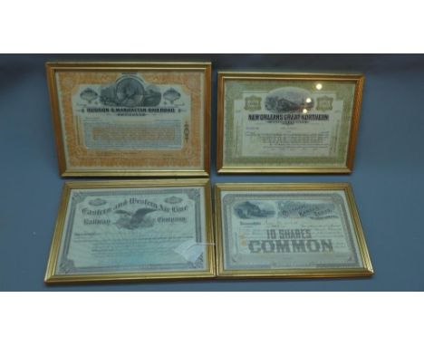 A collection of five glazed and framed late 19th and 20th century American share certificates, 19 x 29cm (4) 