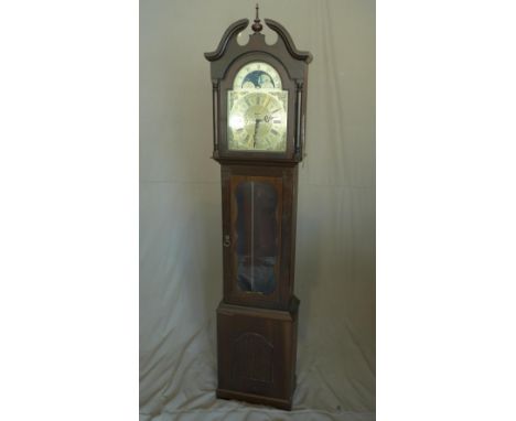 A modern German longcase clock, the arched Roman brass dial with moonphase, marked Denlock, broken swan neck pediment, glazed