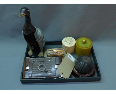 A collection of Bakelite and plastic, to include a Bakelite No 2 Hawkette camera, a Bakelite ashtray, a green Bakelite pot an