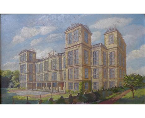 Harold Barklam, Hardwick Hall, oil on canvas, dated 1960, 33 x 53cms and a framed copy of the guide book