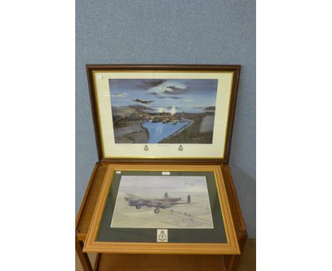 A John Larder print, Operating Chastisy and another print of a Lancaster Bomber, bearing signatures