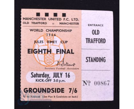 1966 World Cup 1/8 final Match Ticket Portugal v Bulgaria at Old Trafford 16 July 1966; fair/good. (1)