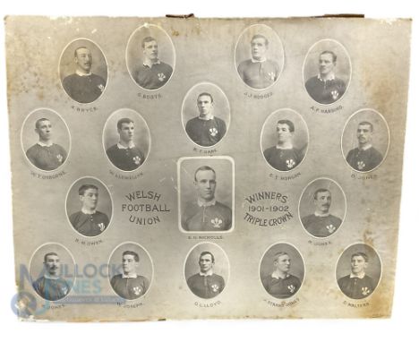 1901-1902 Welsh Football union Triple Crown Winners period print featuring 17 players A Bryce, G Boots, J J Hodges, A F Hardi