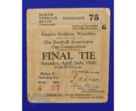 1926 FA Cup Final Bolton Wanderers v Manchester City Match Ticket for north terrace seats row 4 seat 37; slight crease, fair 