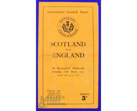 Scarce 1935 Scotland v England Rugby Programme: Standard Murrayfield slim orange 8pp issue, neat magic tape to spine, no stap