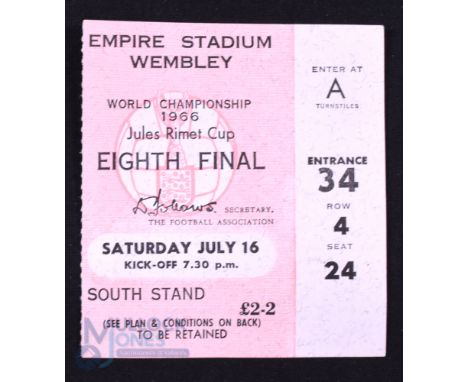 1966 World Cup 1/8 final Match Ticket England v Mexico at Wembley 16 July 1966; fair/good. (1)