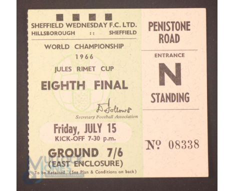 1966 World Cup 1/8 final Match Ticket Switzerland v Spain 15 July 1966 at Sheffield Wednesday; good. (1)