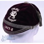 1907-8 University of Wales Junior Rugby Velvet Honours Cap: Maroon cap with silver braiding, tassel,