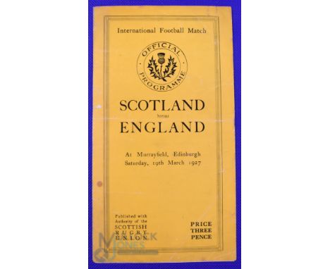 Scarce 1927 Scotland v England Rugby Programme: Standard Murrayfield slim orange 8pp issue, neat magic tape to spine, staple 