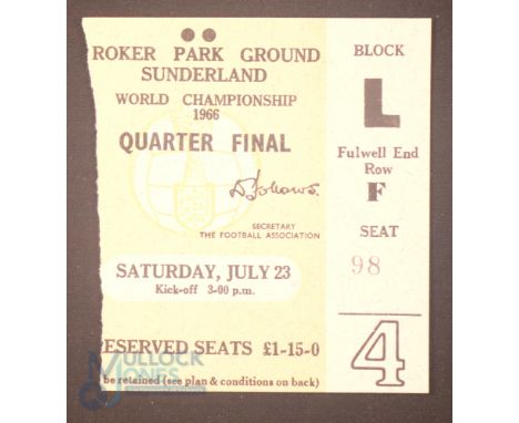 1966 World Cup quarter final Match Ticket Hungary v Soviet Union 23 July 1966 at Sunderland; uneven edge tear, o/wise good. (