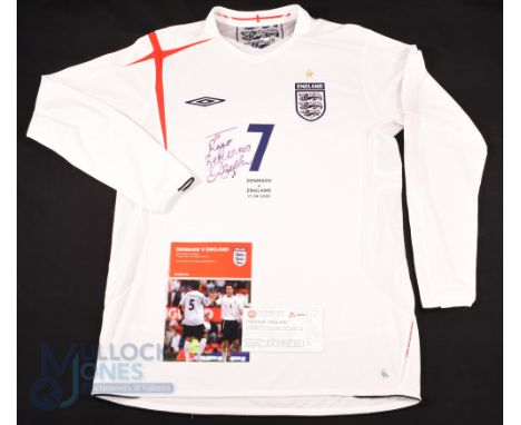 17th August 2005 Denmark v England No 7 Beckham long sleeve Shirt (L) signed and dedicated to front To Roger Best Wishes Davi