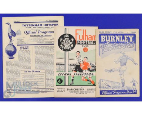 1951/52 Manchester Utd (champions) away match programmes v Burnley, Fulham, Tottenham Hotspur; overall fair condition. (3)