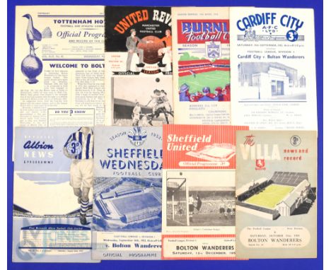 1953/54 Bolton Wanderers away match programmes at Burnley, Manchester Utd, Sheffield Utd, Aston Villa, Cardiff City, Sheffiel