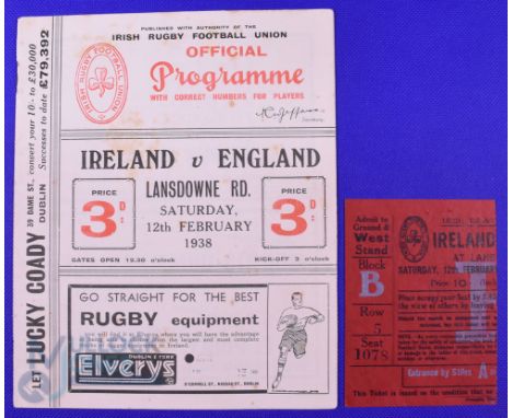 Scarce 1938 Ireland v England Rugby Programme and Ticket (2): Attractive packed 20pp Dublin issue, good pics and stats and lo