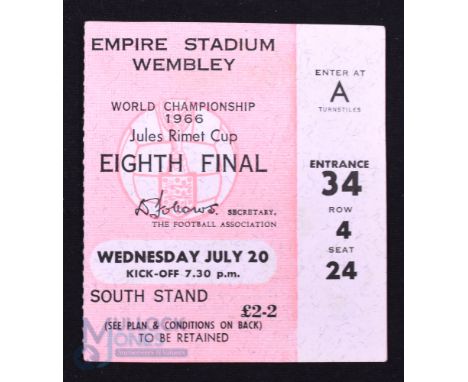 1966 World Cup 1/8 final Match Ticket England v France at Wembley 20 July 1966; fair/good. (1)