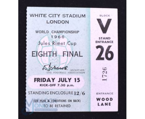 1966 World Cup 1/8 final Match Ticket Uruguay v France at the White City Stadium, Wood Lane, London 15 July 1966; good. (1)