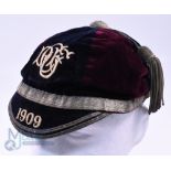 1909 Durham University (?) Velvet Rugby Honours Cap: Black and maroon 6-panel cap with DUFC monogram
