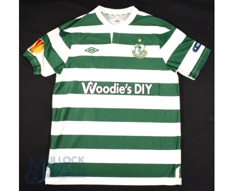 2010/11 Stephen Rice No 6 Shamrock Rovers match worn home football shirt v Tottenham Hotspur 15 Dec 2011, UEFA shoulder patch