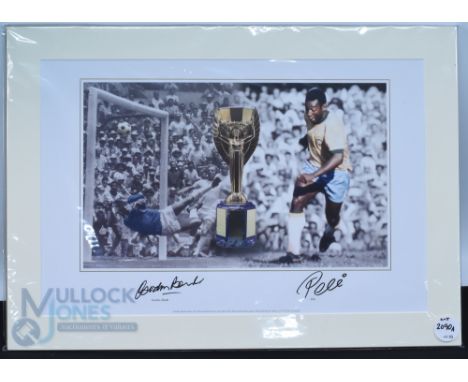 Pele and Gordon Banks Autographed 1970 World Cup Colour Print signed to the border below in black in - mounted ready to frame