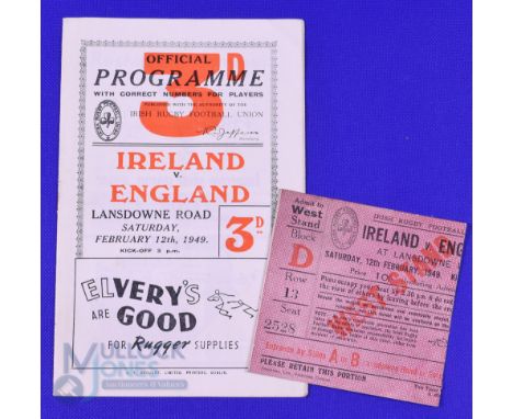 1949 Ireland v England Rugby Programme and Ticket (2): Good clean Dublin issue and ticket in an Irish Triple Crown season