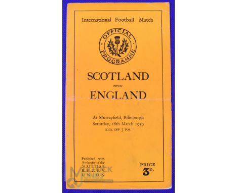 Scarce 1939 Scotland v England Rugby Programme: Last England Murrayfield clash pre-WW2. Standard Murrayfield slim orange 8pp 