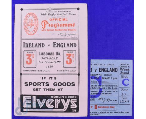 Scarce 1936 Ireland v England Rugby Programme and Ticket (2):  Attractive packed 20pp Dublin issue, good pics and stats and l