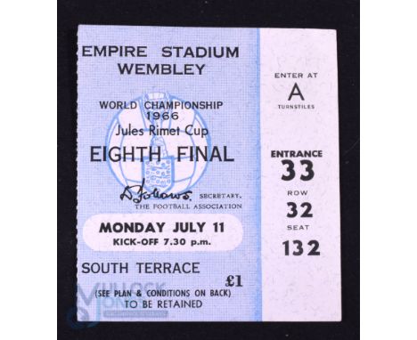 1966 World Cup Opening Match Ticket 1/8 final England v Uruguay at Wembley 11 July 1966; fair/good. (1)
