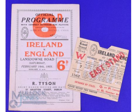 1951 Ireland v England Rugby Programme and Ticket (2): Good clean Dublin issue and ticket in an Irish Championship season