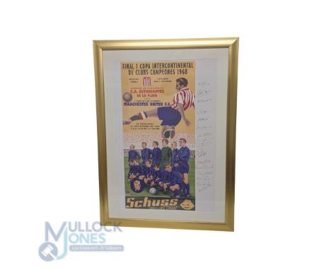 1968 World Club Championship Lithograph multi hand signed by the Manchester United Team. 15 signatures on the reprinted poste