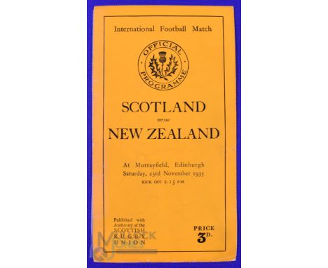 Scarce 1935 Scotland v New Zealand Rugby Programme: Standard Murrayfield slim orange 8pp issue, NZ won 18-8, spine magic tape