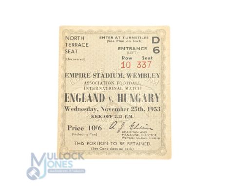 1953 England v Hungary Ticket Stub Wembley - Match of the Century Puskas 25/11/53, 3-6 final score - in good clean condition