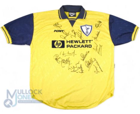 1995/96 Tottenham Hotspur Multi-Signed 3rd football shirt in yellow and blue, Pony/Hewlett Packard, size XL, 15x signatures t